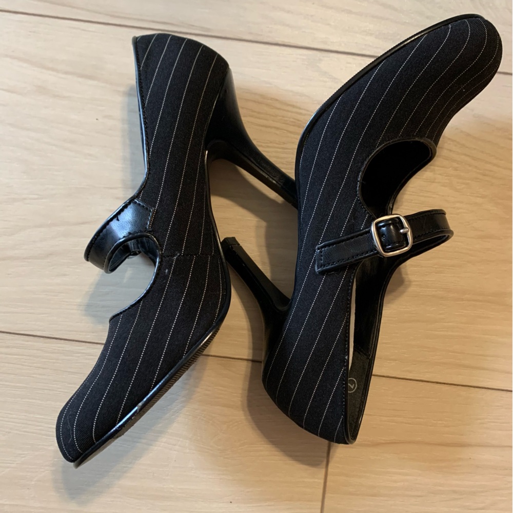 Black Pinstripe Heels with Strap